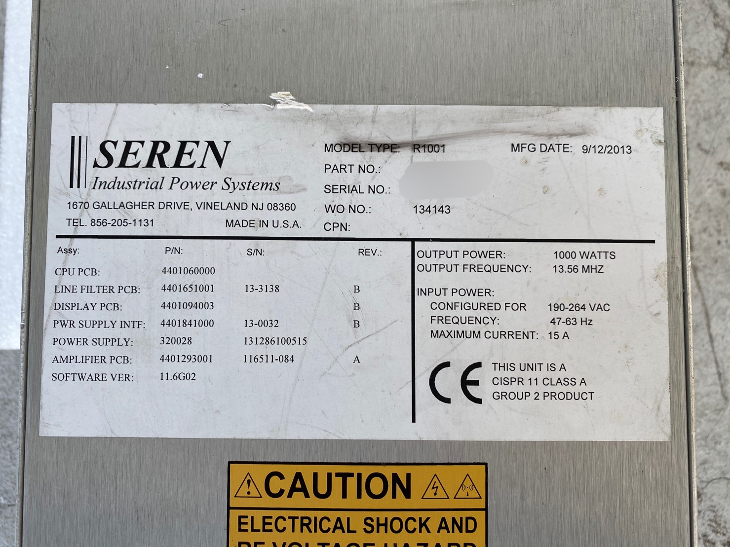 SEREN R1001 9600620000 1000W 13.56 MHZ RF POWER SUPPLY image