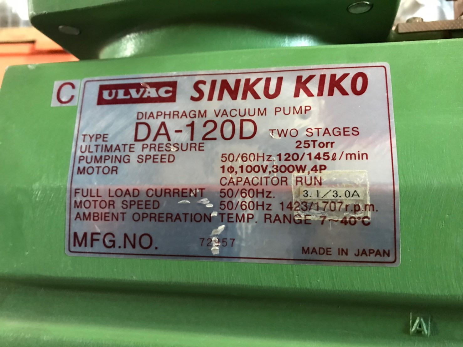 ULVAC SINKU KIKO Diaphragm Dry Vacuum Pump DA-120D圖片