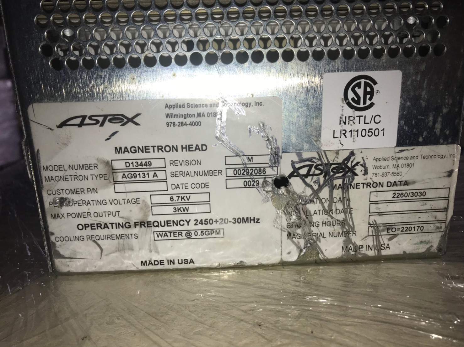 ASTEX D13449 MAGNETRON HEAD 6.7KV 3KW 2450+20-30MHz TYPE AG9131A圖片
