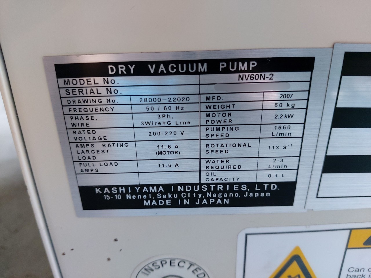 KASHIYAMA NV60 DRY VACUUM PUMP圖片